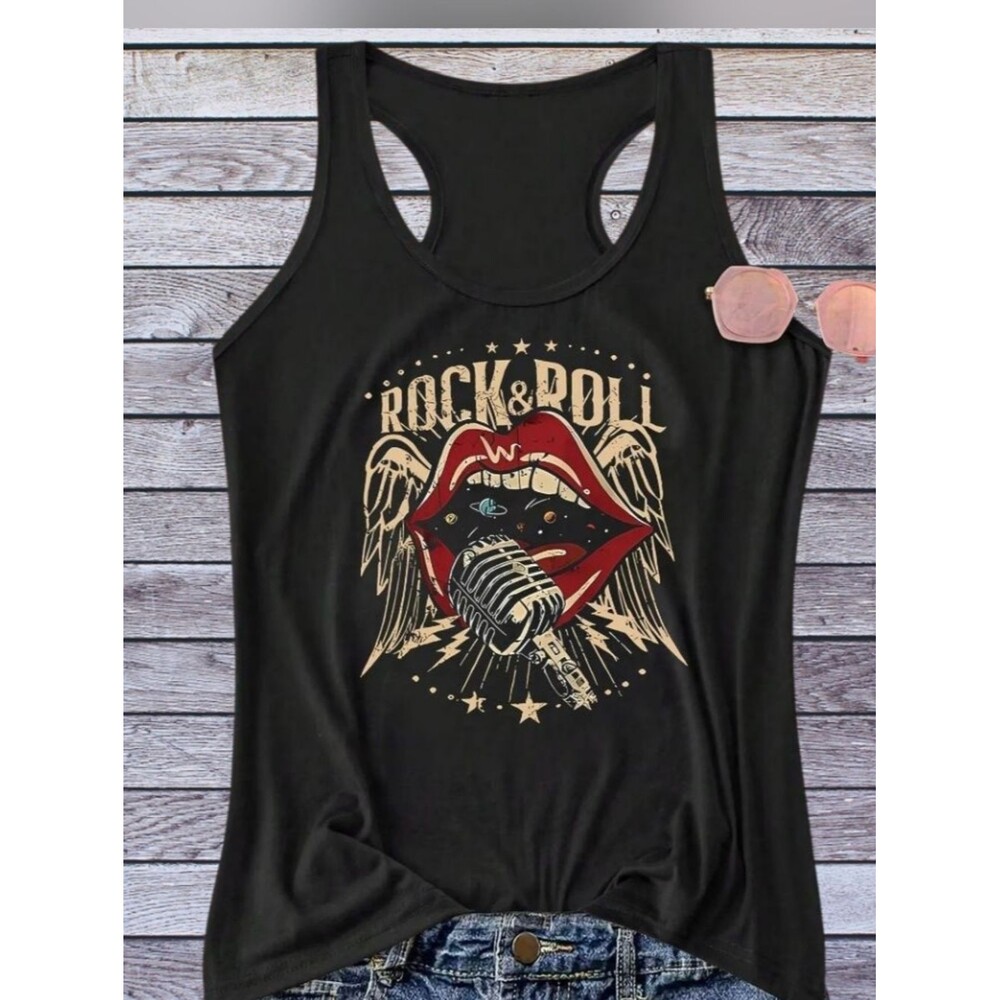 Vintage Black Racerback Tank with Red & Cream Rock Graphic Women's XL